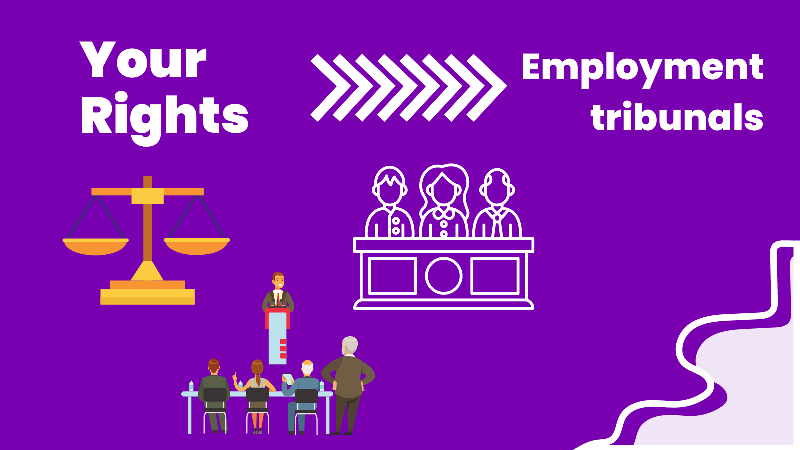 [Purple background with decorative images and white text] Know your rights - Employment tribunals